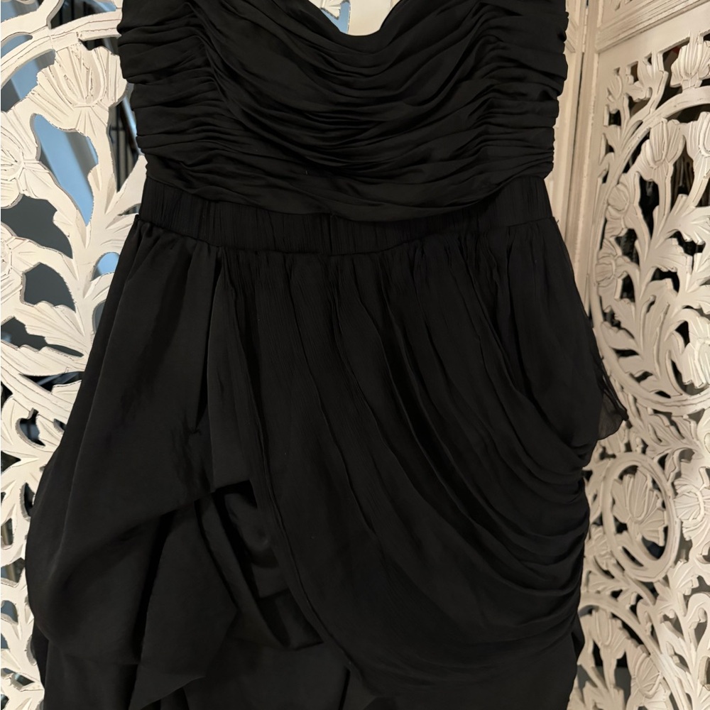 BeBe Short Black Strapless Sweetheart Ruched Gown for Cocktail